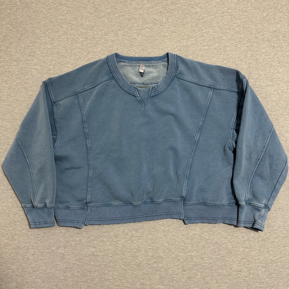 Free People Movement Blue V-Notch Pullover Sweatshirt Relaxed Boxy Seamed XL